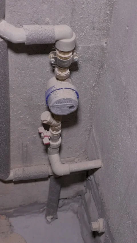Vertical video. A water meter within a plumbing setting. The dusty pipes Video stock 294250780