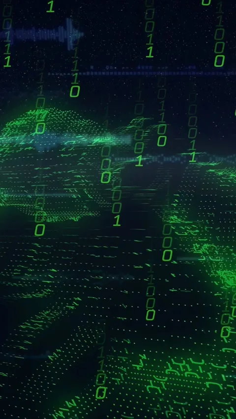 Vertical video: Wave starting binary streams, green mesh rising into tech data Stock Footage 332984836