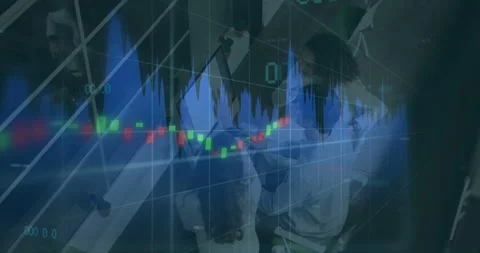 Vertical video: Waveform and candles shifting, analysts leaning, typing, Stock Footage 331109327