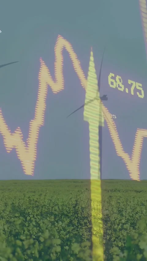 Vertical video: Waveform overlaying turbines, driven by sensors, showing numeric Stock Footage 334602506