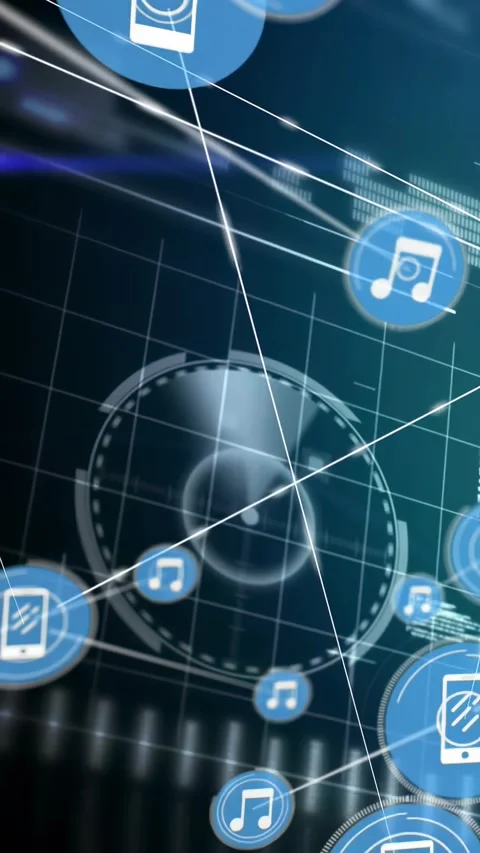 Vertical video: Waveform pulsing phone and music nodes creating, linking mapping Stock Footage 334187021