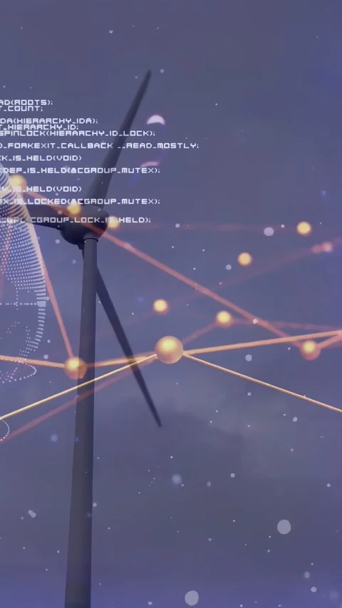 Vertical video: Web appearing over wind turbine rotating nodes pulsing code Stock Footage 334396119