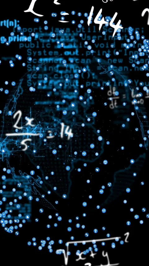 Vertical video: White 14 appearing holo globe pulsing, nodes shifting and code Stock Footage 340133235