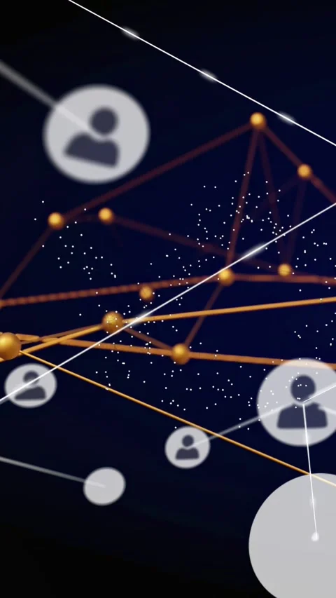 Vertical video: White beam sweeping sparking user icons gliding linking gold net Stock Footage 333036417