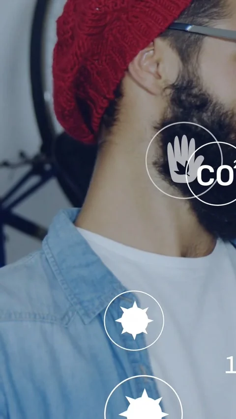 Vertical video: White circular icons popping as beanie man turning head code Stock Footage 334604799