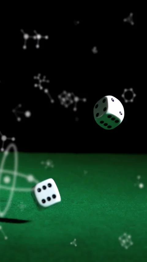 Vertical video: White dice launching, tumbling, bouncing across green felt to Stock Footage 328350433