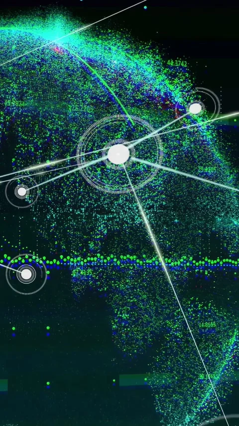 Vertical video: White node appearing, emitting ring, particle globe nodes Stock Footage 332846268