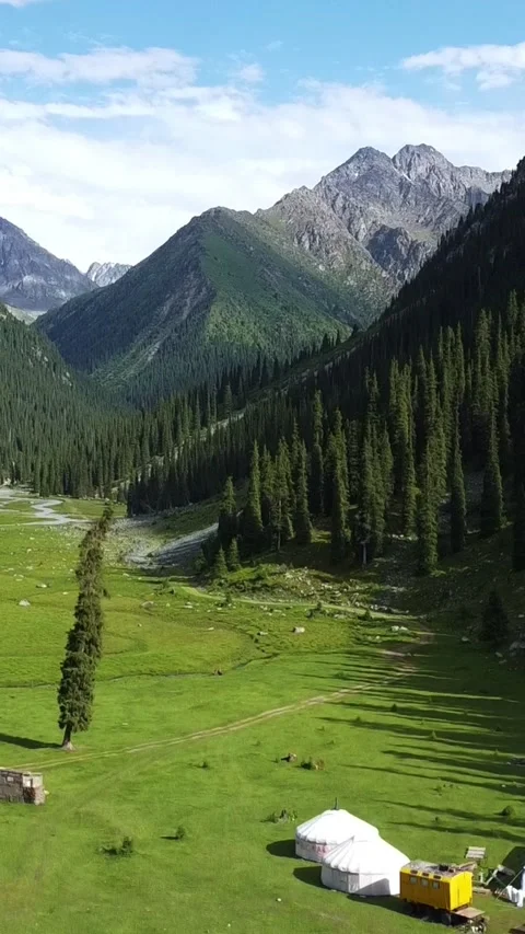 Vertical video: White Nomad Yurts in Lush Green Mountain Valley Aerial Video stock 332010668