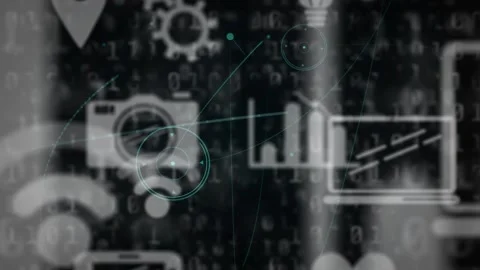 Vertical video: Wifi PC icons fading into matrix causing HUD rings linking nodes Stock Footage 332772108
