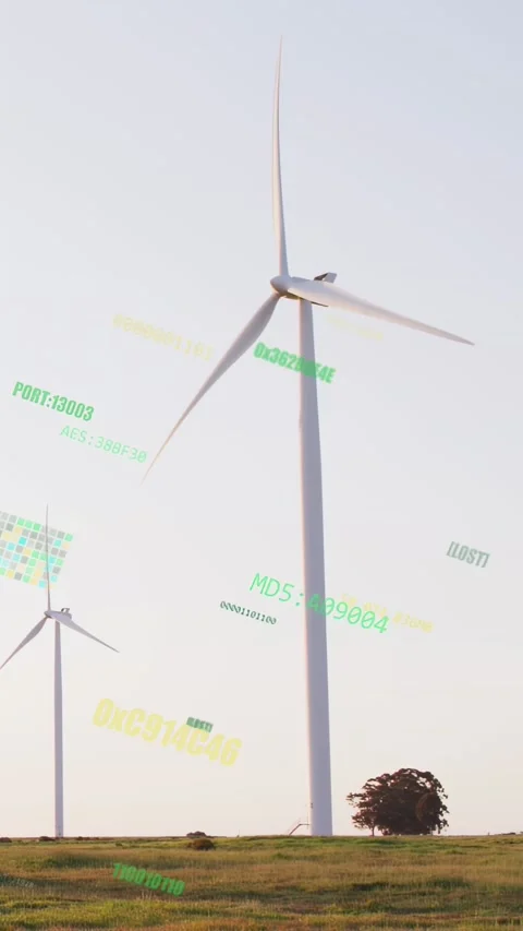 Vertical video: Wind driving turbine spinning while camera zooming and data Stock Footage 333744832