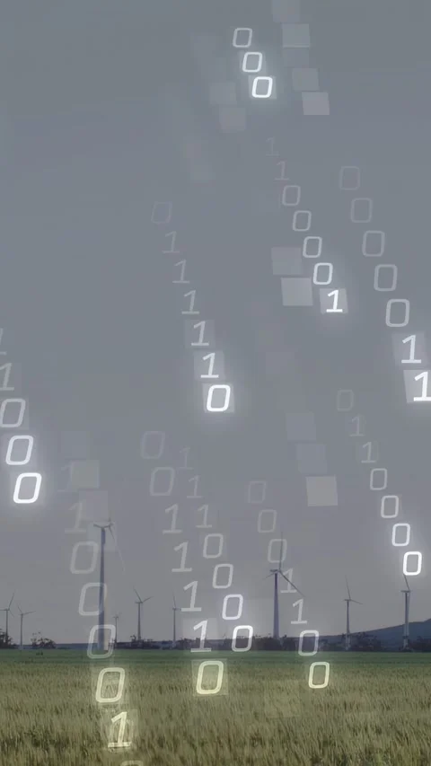 Vertical video: Wind farm still as faint binary rain rising, sweeping over Stock Footage 332846173