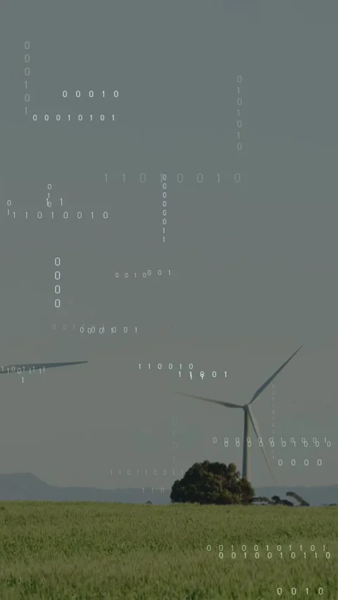 Vertical video: Wind picking up center turbine rotating while binary streams Stock Footage 332735043