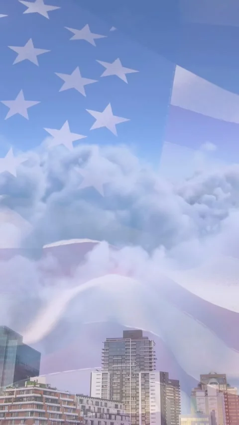 Vertical video: Wind starting US flag overlay rippling, sliding, clouds Stock Footage 335513957