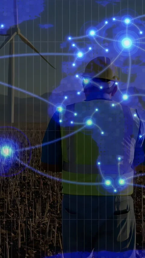 Vertical video: Wind technician approaching turbine, activating blue node Video stock 334317360