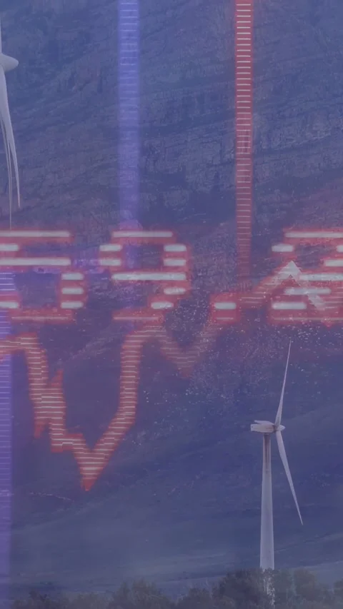 Vertical video: Wind turbine arrows pulsing and causing orange waveform peak Stock Footage 332734724
