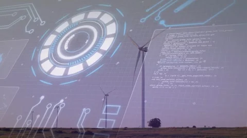 Vertical video: Wind turbine getting data ping checking energy while HUD pulsing Stock Footage 332731609