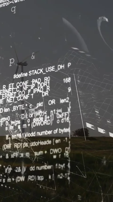 Vertical video: Wind turbine receiving data stream, 3D grid and code panel Stock Footage 330395249