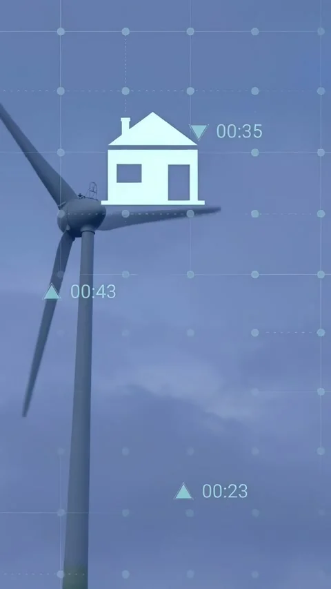 Vertical video: Wind turbine rotating as grid appearing, icons shifting times to Stock-Footage 332317370