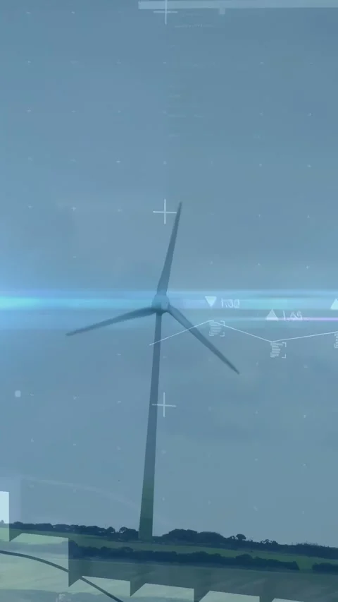 Vertical video: Wind turbine rotating, data driving blocks rising, line graph Stock Footage 334391879
