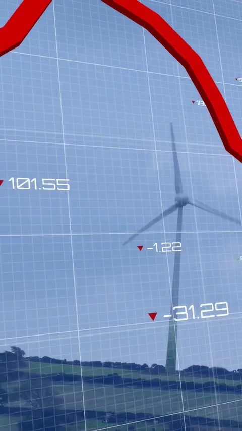 Vertical video: Wind turbine rotating while data driving red graph sweeping over Stock Footage 334547327