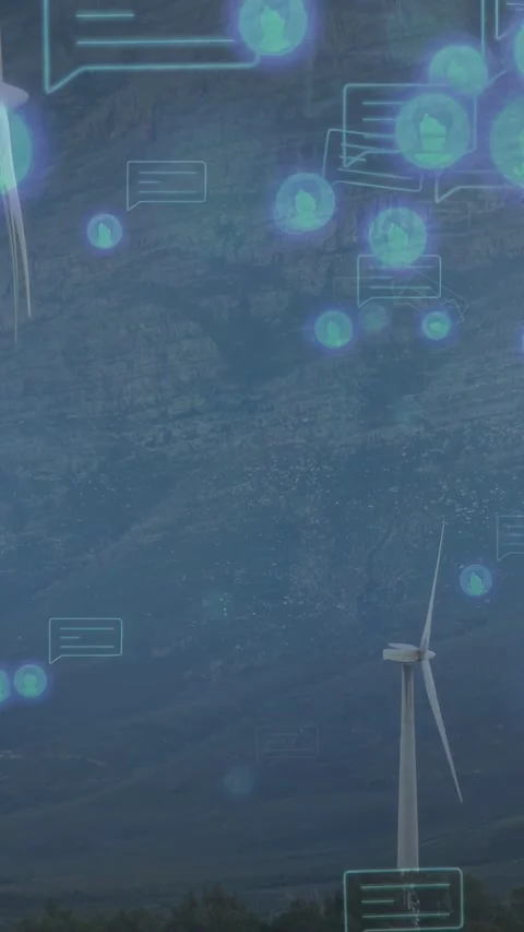 Vertical video: Wind turbine steady while data feed sending drifting nodes and Stock Footage 332735119