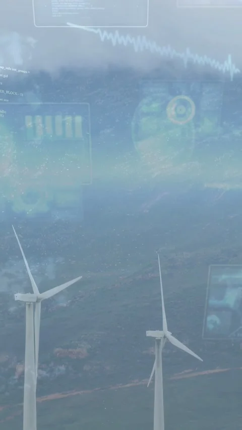 Vertical video: Wind turbines rotating over haze, streaming sensor data with HUD Stock Footage 332735063