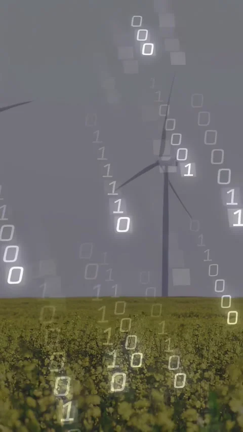 Vertical video: Wind turbines rotating above yellow crop, sensor feed binary Stock Footage 334387091