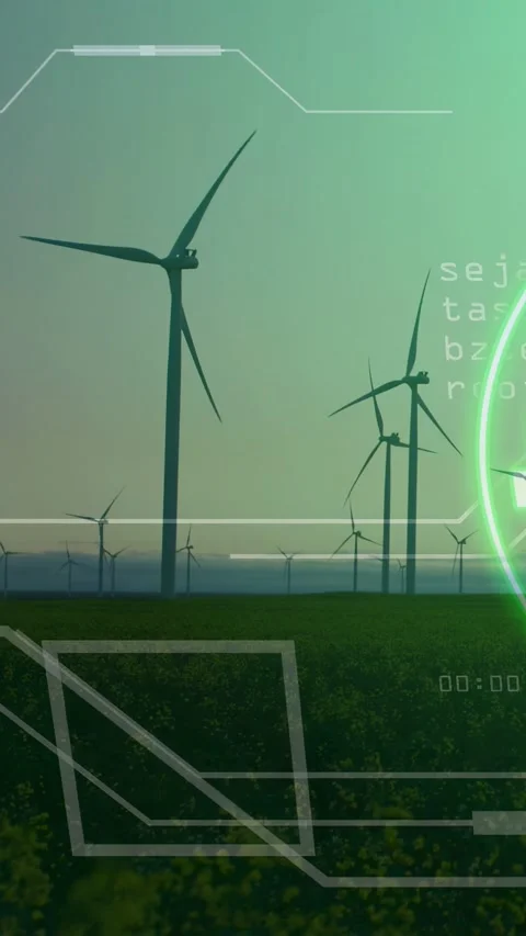 Vertical video: Wind turbines spinning under mild breeze, green HUD overlay Stock Footage 332735101