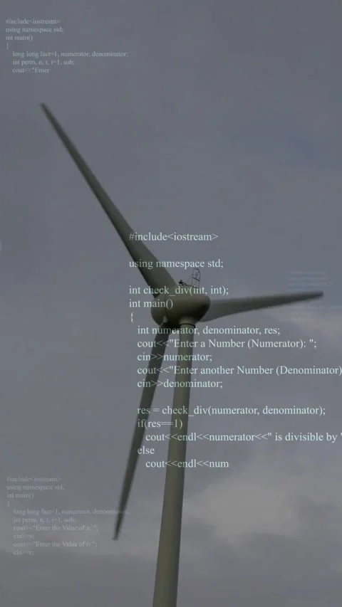 Vertical video: Wind turning turbine blades, panning camera, code overlay Stock Footage 332336063