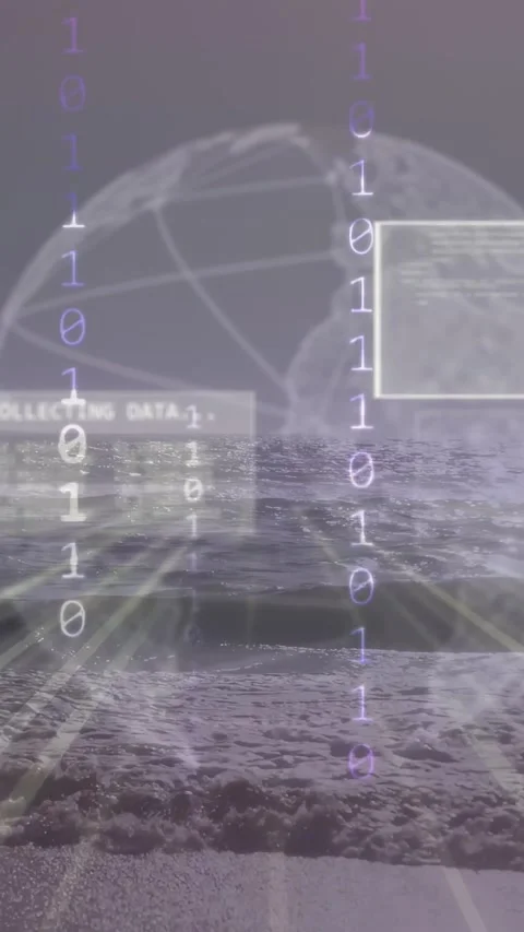 Vertical video: Wire globe appearing, centering, binary falling, showing network Stock Footage 333862415