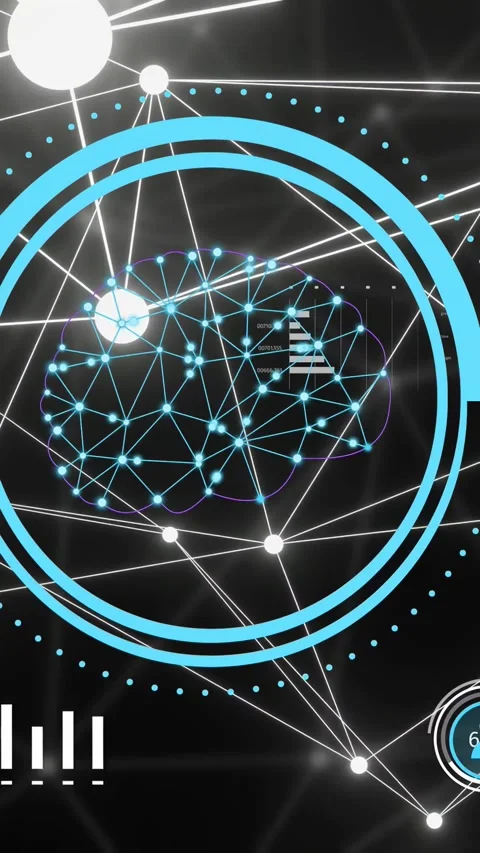 Vertical video: Wireframe brain animating on load nodes pulsing and gauges Stock Footage 334378214