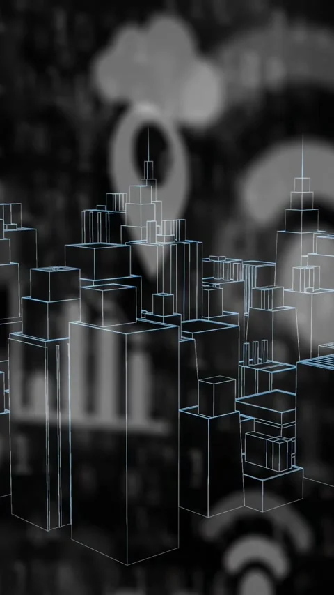 Vertical video: Wireframe city shifting while view drifting, revealing cloud pin Stock Footage 334540681