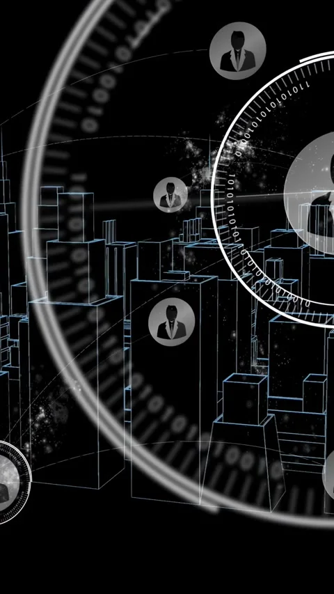 Vertical video: Wireframe city shifting as HUD rings sweeping in targeting Stock Footage 334604434
