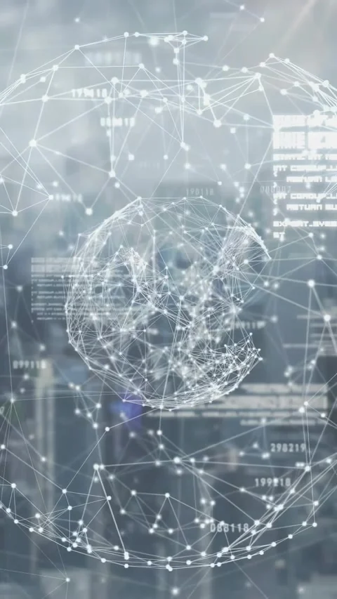 Vertical video: Wireframe globe forming from feed for tech demo, nodes pulsing, Stock Footage 331168241