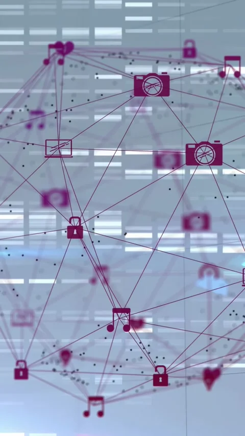 Vertical video: Wireframe globe spinning on cue, shifting icons, pulsing lines Stock Footage 329912834
