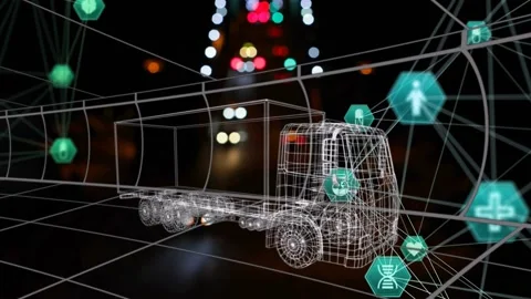 Vertical video: Wireframe rig on grid getting stream, teal icons clustering by Stock Footage 333221072