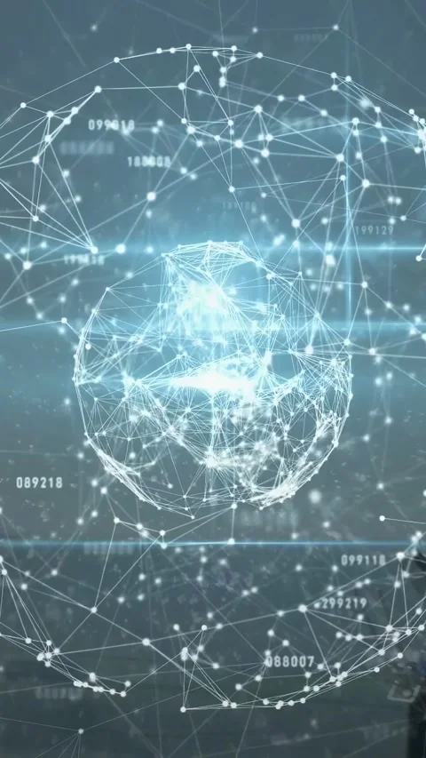 Vertical video: Wireframe sphere pulsing and lighting up, revealing tech by Stock Footage 332823277