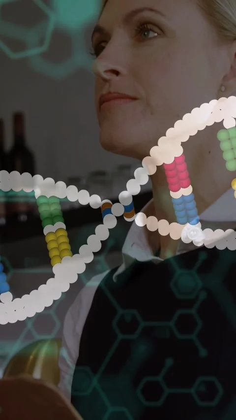 Vertical video: Woman angling menu, launching AR DNA code, scanning, pausing, Stock Footage 333840313