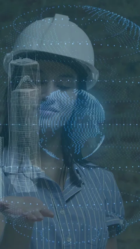 Vertical video: Woman architect gesturing to globe and wireframes appearing and Stock Footage 332735296