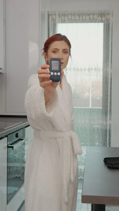Vertical video Woman checks glucometer in kitchen with high blood sugar reading Stock Footage 346713397