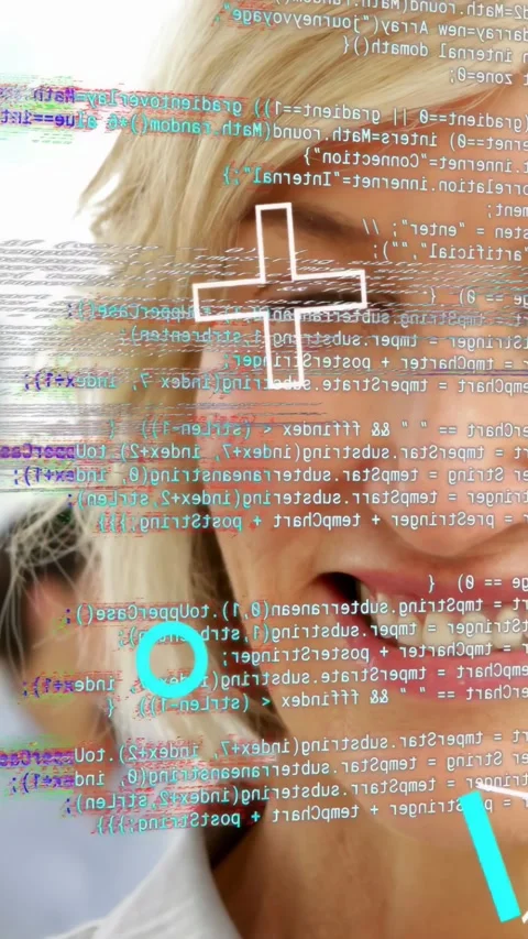 Vertical video: Woman closing as code prompts zoom, HUD sliding over face Stock Footage 333289316