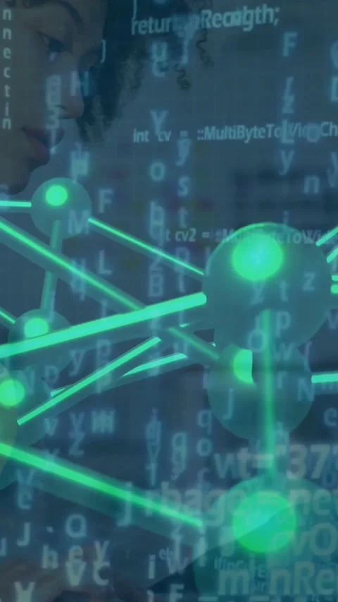 Vertical video: Woman coding at pc starting neon 3D model, nodes pulsing, man Stock Footage 331128912