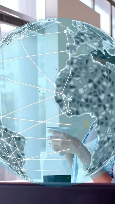 Vertical video: Woman with cup by window, globe appearing overlaying profile, Stock Footage 333577112