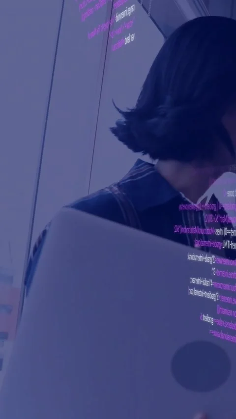 Vertical video: Woman dev holding laptop by window camera shifting as code UI Stock Footage 333912739