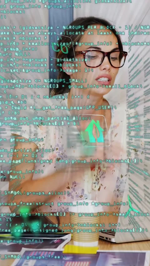 Vertical video: Woman dev using laptop as green HUD code showing rubbing head Stock Footage 333596333
