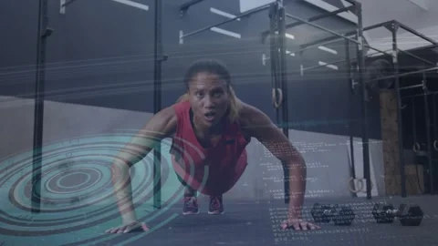 Vertical video: Woman doing push-ups training, starting lowering, pressing, HUD Stock Footage 330980703