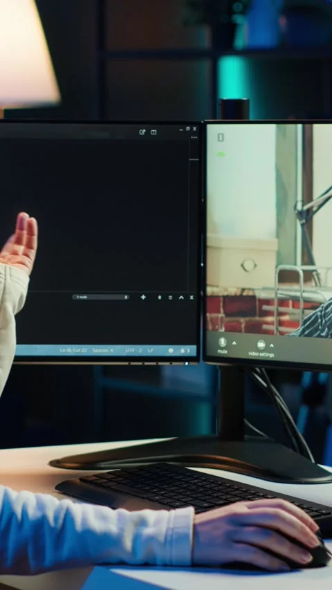 Vertical video Woman doing software debugging helped by coworker in videocall Stock Footage 283508317