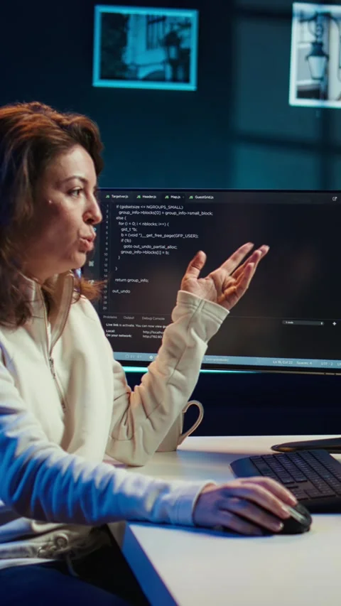 Vertical video Woman doing software debugging helped by coworker in videocall Stock Footage 283509211