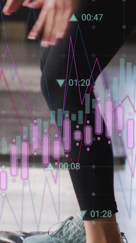 Vertical video: Woman doing step-ups, foot contacting platform activating charts Video stock 331168199