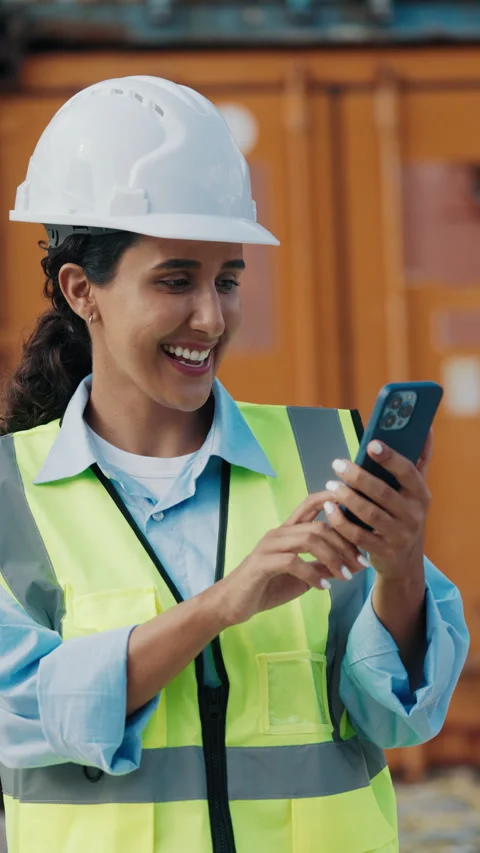 Vertical Video. Woman Engineer Using Smartphone Having Online Conference Stock Footage 316403042